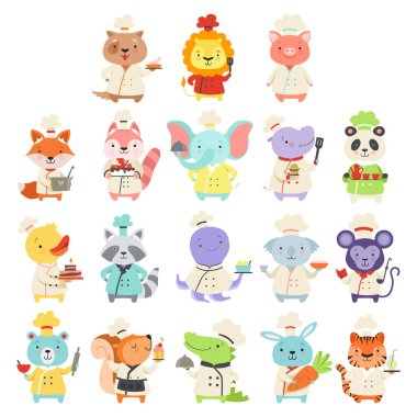 Şef Üniformalı Şirin Hayvanlar Lezzetli Yemekler Büyük Vektör Seti. Toque 'daki Komik Memeliler Yemek Hazırlama ve Mutfak' ta