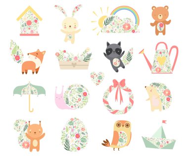 Hayvan ve Bahçe Nesnesi Bahar Çiçeği Büyük Vektör Seti ile süslenmiş. Çiçekli Yapraklar ve Mevsimsel Çiçek Konsepti