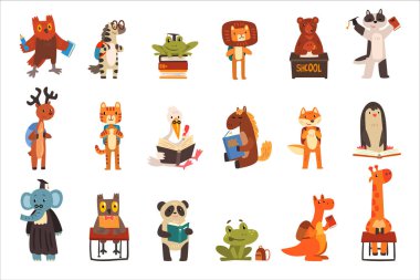 Bir grup vahşi hayvan öğrencisi. Komik baykuş, aslan, ayı, kaplan, penguen, panda ayı, zürafa öğrenme ve çizgi film vektör illüstrasyon çizimi okuma