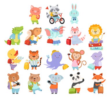 Şirin Hayvanlar Turisti ya da Bagajı, Kamerası ve Sırt Çantası Yürüyüşü Büyük Vektör Seti olan Gezginler. Bavullu komik memeliler Seyahate Çıktı Turizme