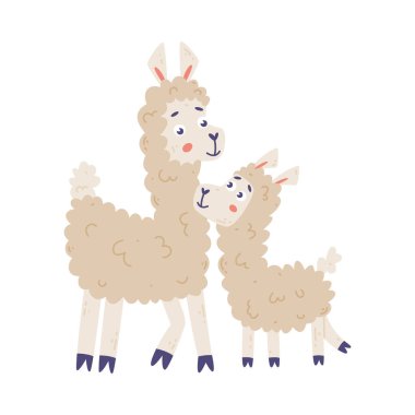 Şirin lama ailesi. Hayvan ebeveyni ve bebeği. Beyaz arkaplanda izole edilmiş Mutlu Ebeveynlik çizgi filmi vektör çizimi