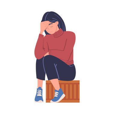 Stresli mutsuz mülteci kadının yardıma ihtiyacı var. Mülteci sorunları, evsiz insanlar, beyazlara izole edilmiş vektör illüstrasyonları