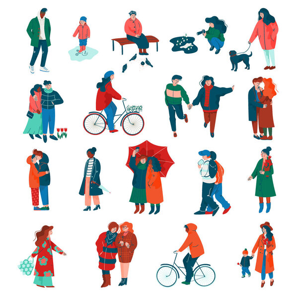 Люди, прогуливающиеся по весеннему парку, наслаждаясь набором векторов теплого сезона. Мужчина и женщина прогуливаются по улице весной