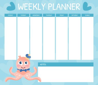 Haftalık planlayıcı, ilkokul karikatür vektör çizimi için zaman çizelgesi