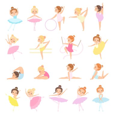 Tutu Etekli Küçük Balerin ve Leotard Dancing and Training Big Vector Set. Mutlu Gülümseyen Kız Bale Gösterisi