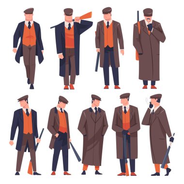 Eski Londra Haydut ya da Gangster Paltolu ve Peaked Flat Cap Vector Set. Adam Sokak Çetesi Üyesi ve Silahlı ve Yarasa Suçlusu