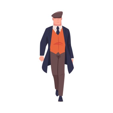 Adam Haydut ya da Eski Londra Çetesi Paltolu ve Peaked Flat Cap Vector Illustration. Erkek Sokak Çetesi Üyesi ve Suçlu