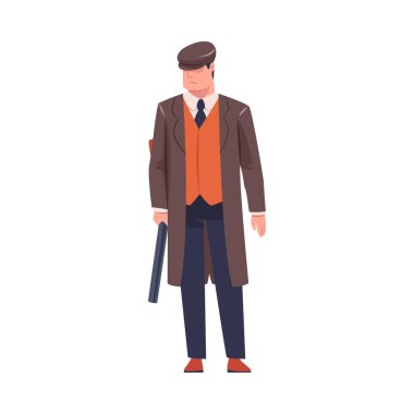 Adam Haydut ya da Eski Londra Çetesi Paltolu ve Peaked Flat Cap Vector Illustration. Erkek Sokak Çetesi Üyesi ve Silahlı Suçlu