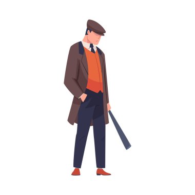 Adam Haydut ya da Eski Londra Çetesi Paltolu ve Peaked Flat Cap Vector Illustration. Yarasalı Erkek Sokak Çetesi Üyesi ve Suçlu