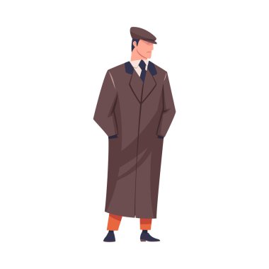 Adam Haydut ya da Eski Londra Çetesi Paltolu ve Peaked Flat Cap Vector Illustration. Erkek Sokak Çetesi Üyesi ve Suçlu