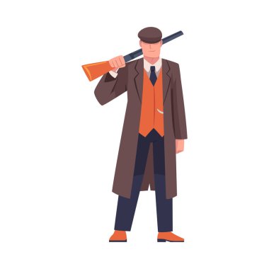 Adam Haydut ya da Eski Londra Çetesi Paltolu ve Peaked Flat Cap Vector Illustration. Erkek Sokak Çetesi Üyesi ve Silahlı Suçlu