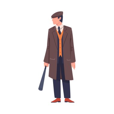 Adam Haydut ya da Eski Londra Çetesi Paltolu ve Peaked Flat Cap Vector Illustration. Yarasalı Erkek Sokak Çetesi Üyesi ve Suçlu