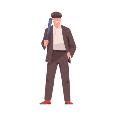Adam Haydut ya da Eski Londra Gangsteri Ceket Giyen ve Peaked Flat Cap Vector Illustration. Yarasalı Erkek Sokak Çetesi Üyesi ve Suçlu