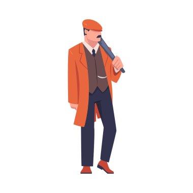 Adam Haydut ya da Eski Londra Çetesi Paltolu ve Peaked Flat Cap Vector Illustration. Yarasalı Erkek Sokak Çetesi Üyesi ve Suçlu