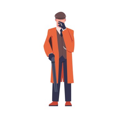 Adam Haydut ya da Eski Londra Çetesi Paltolu ve Peaked Flat Cap Vector Illustration. Erkek Sokak Çetesi Üyesi ve Sigara İçen Suçlu