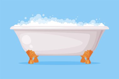 Mavi Arkaplan Vektör İllüstrasyonuna izole edilmiş köpüklü sabun köpüklü Claw Foot Pedestal 'ı Demir Küvet' e dökün. Banyo veya Küvet Banyo Aletleri