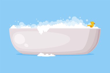 Mavi Arkaplan Vektör İllüstrasyonunda izole edilmiş sabun köpüklü akrilik küvet dolusu su. Banyo veya Küvet Banyo Aletleri