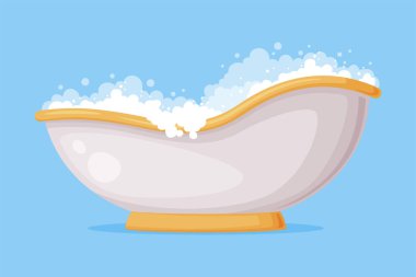 Mavi Arkaplan Vektör İllüstrasyonunda izole edilmiş köpüklü sabun köpüklü Pedestal Tamamen Suyla Dolu Küvet 'e Demir Küvet dökün. Banyo veya Küvet Banyo Aletleri