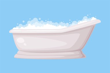 Acrylic Bathtub Full of Water with Soap Bubbles Foam Isolated on Blue Background Vector Illustration. Bath or Tub as Bathroom Fixture for Bathing clipart