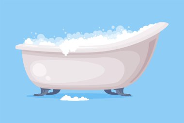 Mavi Arkaplan Vektör Resimlerinde izole edilmiş köpüklü sabun köpüklü Foot Full of Water 'a Demir Küvet. Banyo veya Küvet Banyo Aletleri