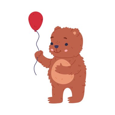 Kırmızı balonla yürüyen sevimli bebek ayı. Komik vahşi orman kahverengi hayvan karakteri çizgi film vektör çizimi beyaz üzerinde izole