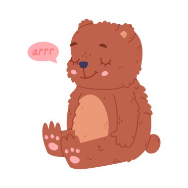 Konuşma baloncuğu olan sevimli mutlu bebek ayı. Komik vahşi orman kahverengi hayvan karakteri çizgi film vektör çizimi beyaz üzerinde izole