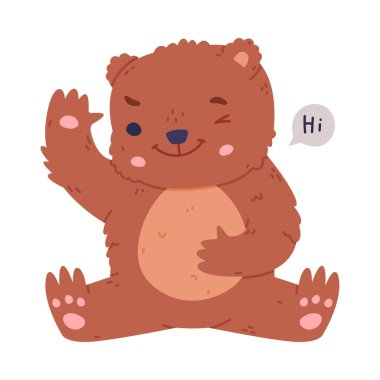 Sevimli bebek ayı oturuyor ve patisini sallıyor. Komik vahşi orman kahverengi hayvan karakteri çizgi film vektör çizimi beyaz üzerinde izole