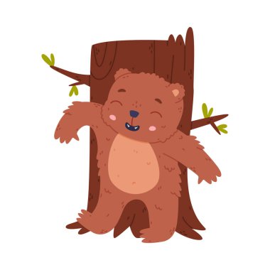 Orman ağacının yanında duran sevimli, gülümseyen bebek ayı. Komik vahşi orman kahverengi hayvan karakteri çizgi film vektör çizimi beyaz üzerinde izole