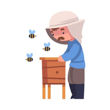 Bıyıklı Arı Koruyucu Arı Kovanı Arı Kovanı Apiculture Vector Illustration 'da. Koruyucu Şapka Toplama Ürünlerindeki Erkek Apiarist