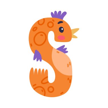 Kuş alfabesi S büyük harf. Gözleri, gagası ve kanatları olan turuncu sessiz harf beyaz üzerine izole edilmiş şirin çizgi film vektör çizimi