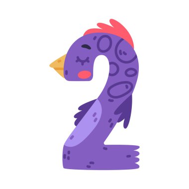 2 kuş numarası. Gözleri, gagası ve kanatları olan iki mor numara beyaz üzerine izole edilmiş şirin çizgi film vektör çizimi.