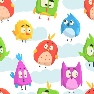 Bulutlarda Uçan Komik Karikatür Kuşları Bulut Vektörsüz Şablon ile. Kanatları ve gagası olan şirin komik tüylü yaratıklar.