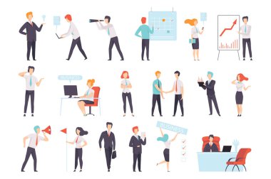 Ofiste çalışanlar. İş toplantısına katılan erkekler ve kadınlar, müzakere, beyin fırtınası, bilgisayar çizgi filmi vektör ilüstrasyonunda çalışmak, beyazlar üzerinde izole edilmiş