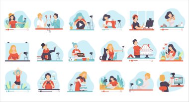 İnternet içeriği oluşturan ve blog veya vlog vektör ilüstrasyonu için video oluşturan blog yazarları ve vlog yazarları beyaz üzerine izole edilmiş