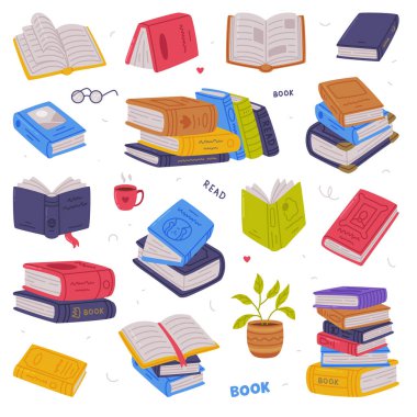 Renkli kapaklı kitap koleksiyonu. Bilim, hobi, eğitim konsepti, beyaz üzerine izole edilmiş vektör çizimi.