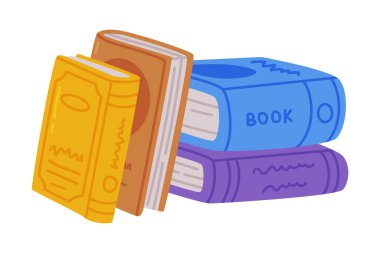 Renkli kitap yığınları. Bilim, hobi, kütüphane, kitapçı, üniversite, okula dönüş kavramı, beyaz üzerine izole edilmiş vektör çizimi.