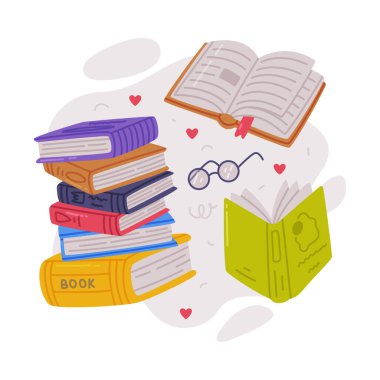 Bir dizi ciltli kitap ve gözlük. Bilim, hobi, eğitim konsepti, beyaz üzerine izole edilmiş vektör çizimi.