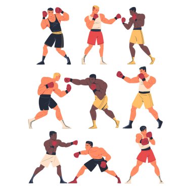 Profesyonel boksörler dövüş seti. Güçlü şortlu ve eldivenli dövüşçüler izole edilmiş beyaz arka plan çizgi film çizimi çiziyorlar.