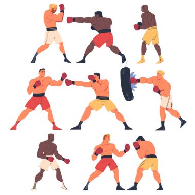 Spor giyim ve boks eldivenli kaslı adamlar ringde dövüşüyor ya da antrenman yapıyor. Çizgi film vektör çizimleri beyazları izole ediyor.