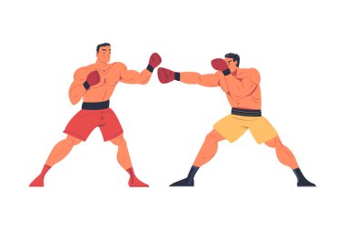 Spor giyim ve boks eldivenleri giymiş kaslı adamlar birbirlerine yumruk atıyorlar. Beyazlar üzerinde izole edilmiş çizgi film vektör çizimleri.