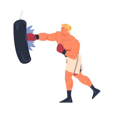 Şortlu kaslı adamlar ve boks eldivenli kırmızı boks eldivenleri. Beyaz üzerinde izole edilmiş çizgi film vektör çizimleri.