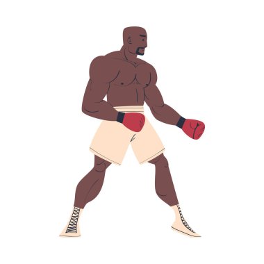 Şortlu ve boks eldivenli güçlü Afrikalı Amerikalı adam beyaz üzerinde izole edilmiş çizgi film vektör çizimi yapıyor.