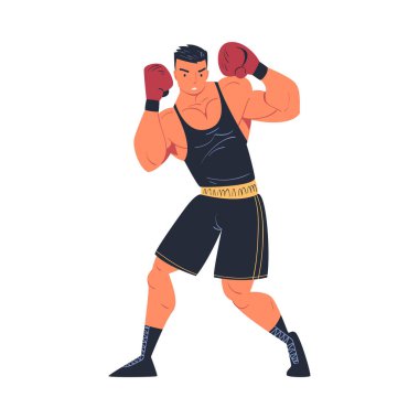 Siyah spor giyim ve boks eldivenli kaslı adam dövüş halkası vektör çizimi izole edilmiş beyaz.