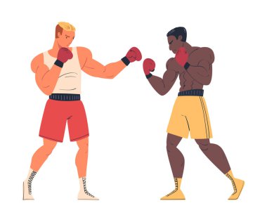 Spor giyim ve boks eldiveni giymiş iki kaslı adam beyaz karikatür vektör çizimine yumruk atıyor.