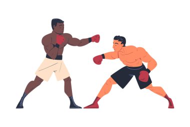 Spor şortlu ve boks eldivenli iki profesyonel boksör rakibinin yüzüğüne yumruk atıyor.