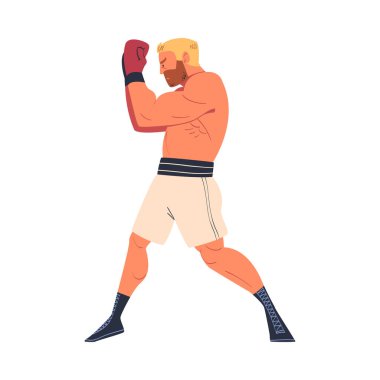 Beyaz şortlu ve boks eldivenli güçlü kaslı adam beyaz üzerinde izole edilmiş vektör çizimi ya da dövüş çizimi eğitimi alıyor.