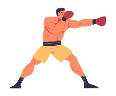 Şortlu ve boks eldivenli kaslı bir adam beyaz karikatür vektör illüstrasyonuyla savaşırken yumruk atıyor.