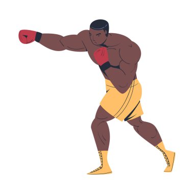 Güçlü Afro-Amerikan boksör şortlu ve eldivenli halkalı vektör çizimi üzerinde dövüşüyor ya da antrenman yapıyor.