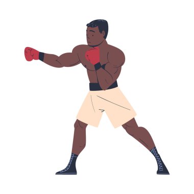 Güçlü profesyonel Afro-Amerikan boksör şortlu ve eldivenli dövüş ya da dövüş halkası vektör ilüstrasyonunda izole edilmiş beyaz