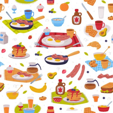 Lezzetli Kahvaltı ya da Tabaksız Tabak Vektörü Modeli Üzerine Sunulan Tipik Yiyeceklerle Kahvaltı. Geleneksel İştah açıcı Malzemelerle Besleyici Sabah Yemeği